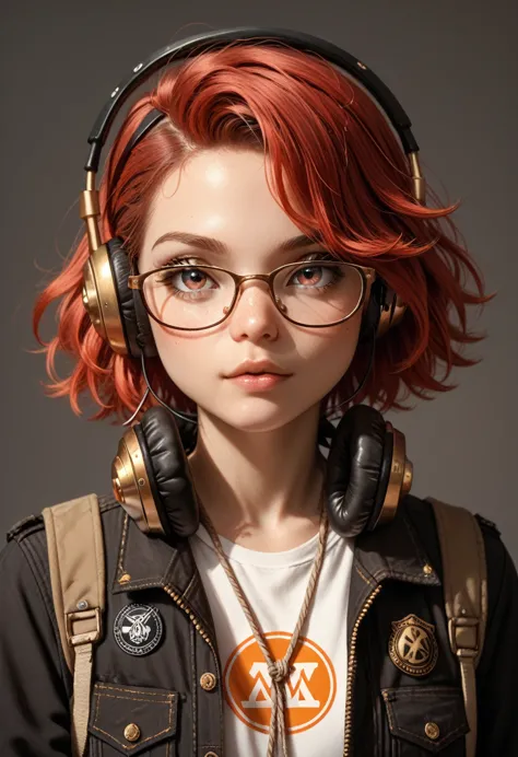 young woman, glasses, headphones, logo, avatar, red with black, intertwined, rope, small golden patches, clear drawing, bright c...