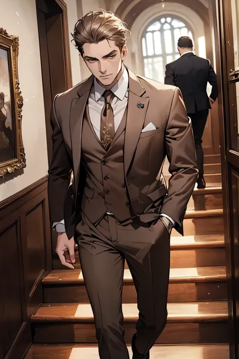 ((best quality)), ((masterpiece)), (detailed), a handsome man in a brown gray suit，a bodyguard in dark clothes，two people walked...