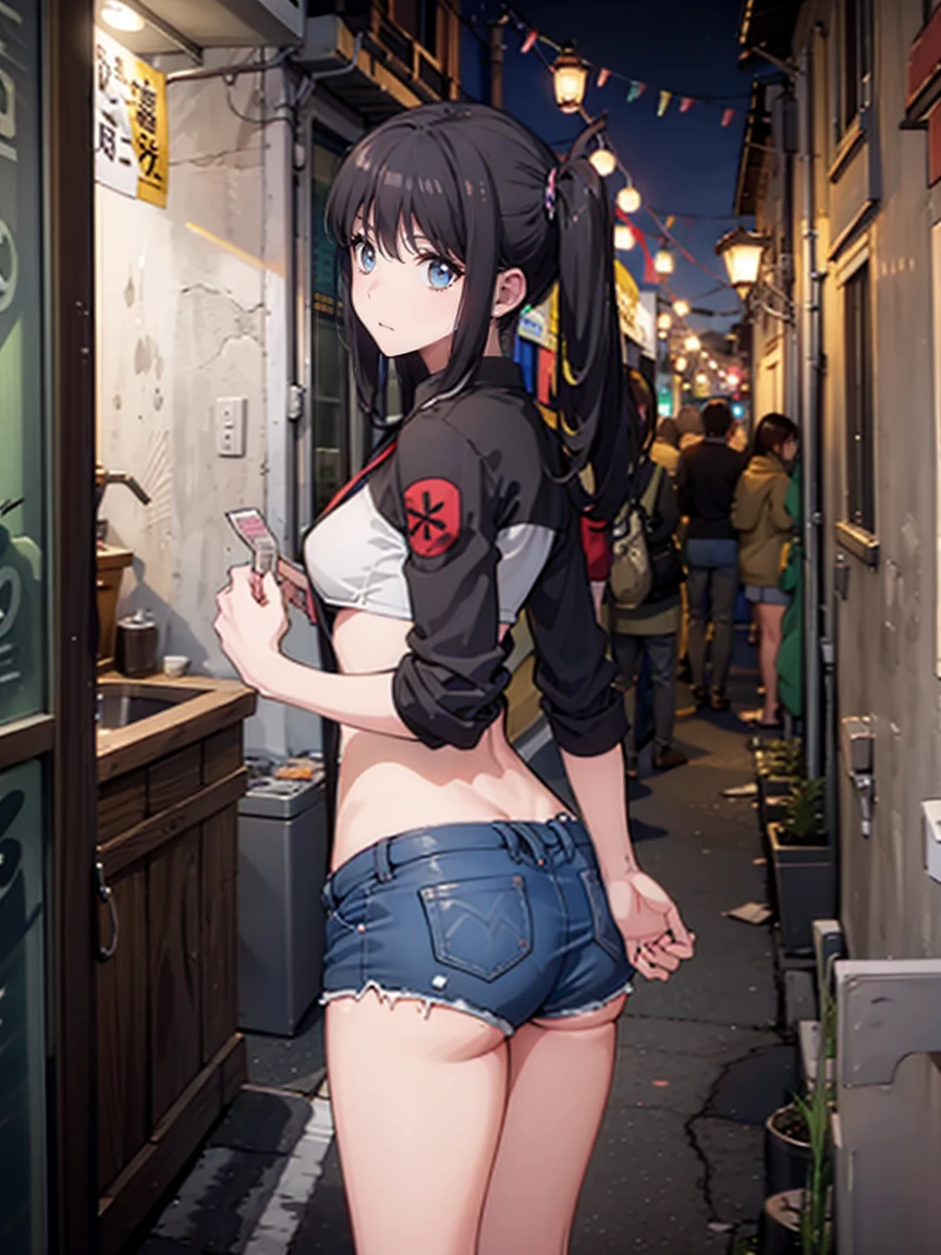 NSFW,(One girl:1.5),natsuiro matsuri,One Side Ponytail,Crop top,Jacket,Shorts,(Perfect hands),(Perfect Anatomy),(masterpiece),(highest quality),Sexually aroused face,blush,Nightlife,Narrow back alley,(aid communication:1.5),(condom:1.0)