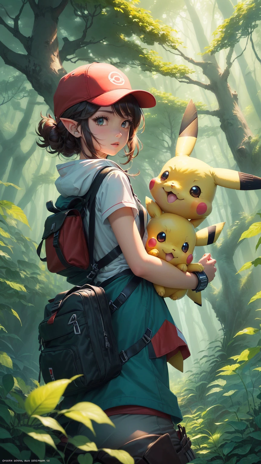 Pokemon is sitting in the woods，Holding a Pokemon toy in hand, pikachu in a forest, Illustration Pokemon, a pikachu in a forest, Elf art style, anime lush john 8k woods, pokemon trainer, Wild Pokémon, Elf anime style, Ash, High-quality fanart, Official Art, Detailed fan art, Available for Pokemon Red and Blue, Anime pictures, high detailed Official Artwork
