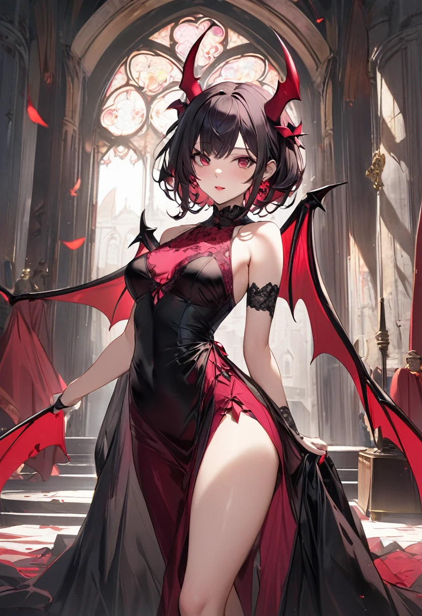 ((masterpiece)), (Textured Skin), ((High Detail)), best quality, The award-winning, 8K, Beautiful woman, Silk dress, noble, ((best quality)), 1 Girl, Succubus，Holding a whip，（Devil Wings），（（Devil&#39;s Tail））， 1 Girl, Succubus，Holding a whip，fierce，Dark skin，Metal skirt armor，Metal leggings