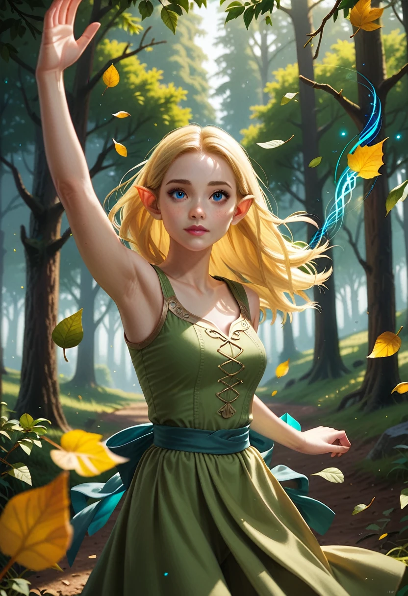 NSFW, Tauriel, the elf from the movie The Hobbit, best qualityer, Unity CG 8k ultra-detailed wallpaper, floating, high resolution, dynamic pose, beautiful  face, (blue colored eyes:1.2, yellow hair:1.3, green clothing), Depth of field, white forest, golden leaves, magic light), NSFW