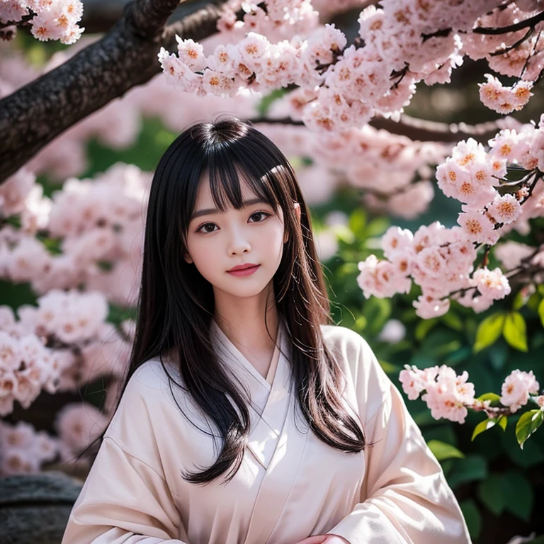 good quality, Delicate face，beautiful visual work, lifelike, eternity, black hair, Long curly hair, blunt bangs, Smile, Detailed Background, Delicate face，blush，cold，((masterpiece))、(top quality)、8k、high detail、Super detailed，31-year-old female， masterpiece、born、Scenes resembling fairy tale illustrations、intricate details和複雜的設計、Beautifully、magic、capricious、 Beautifully、Dream aesthetics、「𝓡𝓸𝓶𝓪𝓷𝓽𝓲𝓬、ethereal、charming、fickle、magic」、realism、Visual effects、FXAA、SSAO、Shader、voiceless、ambient lighting、Tone mapping、High resolution、Ultra high quality、Million pixels、(8K resolution:1.10)、8k、8k以下、8K resolution、high detail、intricate details， (high quality:1.2、masterpiece:1.2、:1.21)、(21 years old female:1.21)、(興奮地Smile)、(Surrounded by a dreamy atmosphere、Model diagram，full-body shot，Normal 2 feet，Put your hands behind you，The protrusion of the breast is visible when wearing clothes, Cherry blossoms:1.3, kimono:1.2, 白底印有Cherry blossoms的kimono