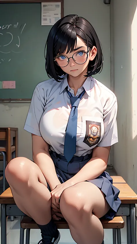 best quality, 1 woman, , (short bob haircut, black hair), scared face expression, plump body, blue eyes, indonesian high-school ...