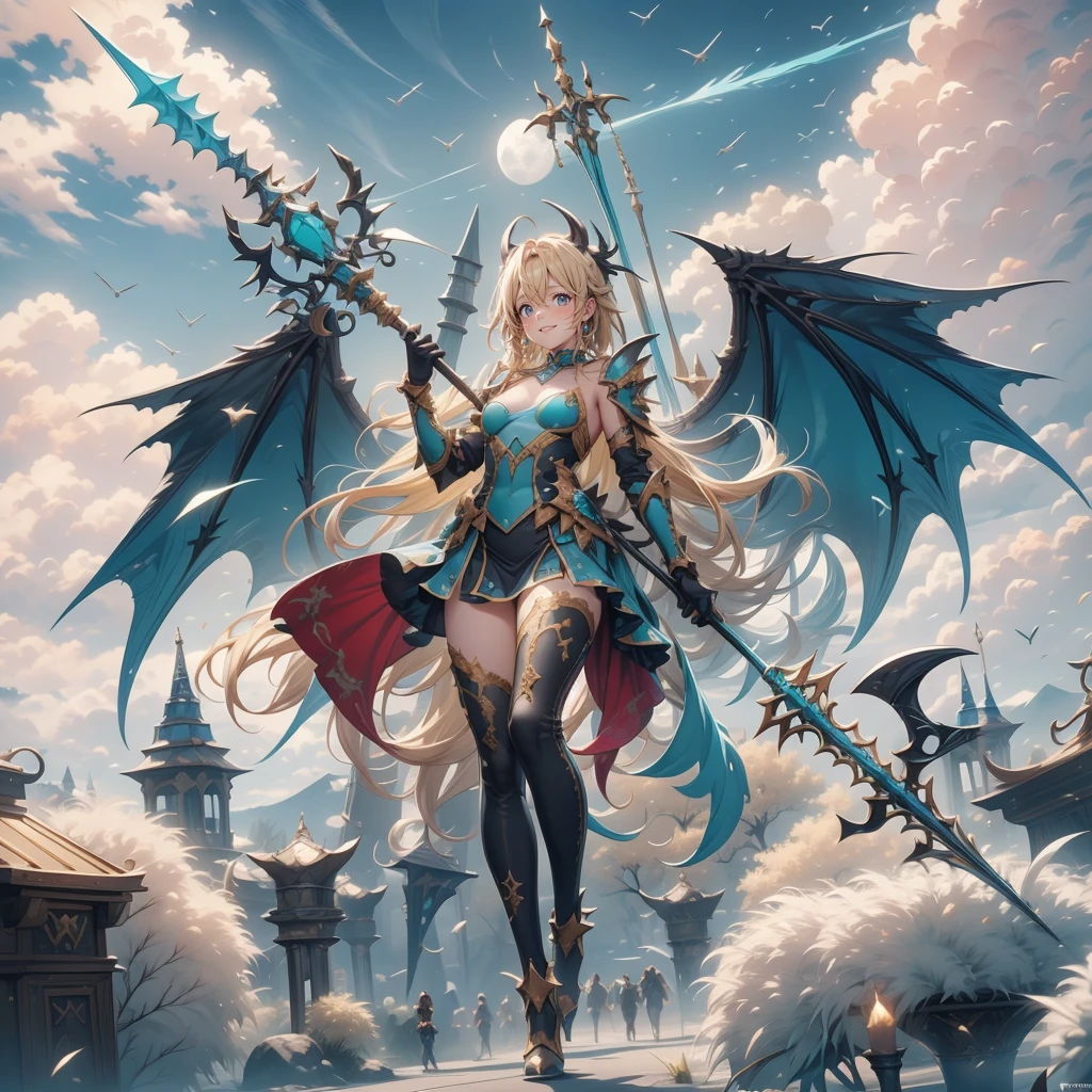 (Turquoise fantasy style) ,(8K),(illusory),Solitary,1 Girl,Yellow hair, Devil's Point,Gradient Wing, Practical, best quality, masterpiece, Ultra Detailed, Ultra-high resolution,rest (outdoor),Flying in the sky,moon,spear,Look at the audience,Scary face，Metal skirt armor，Metal leggings