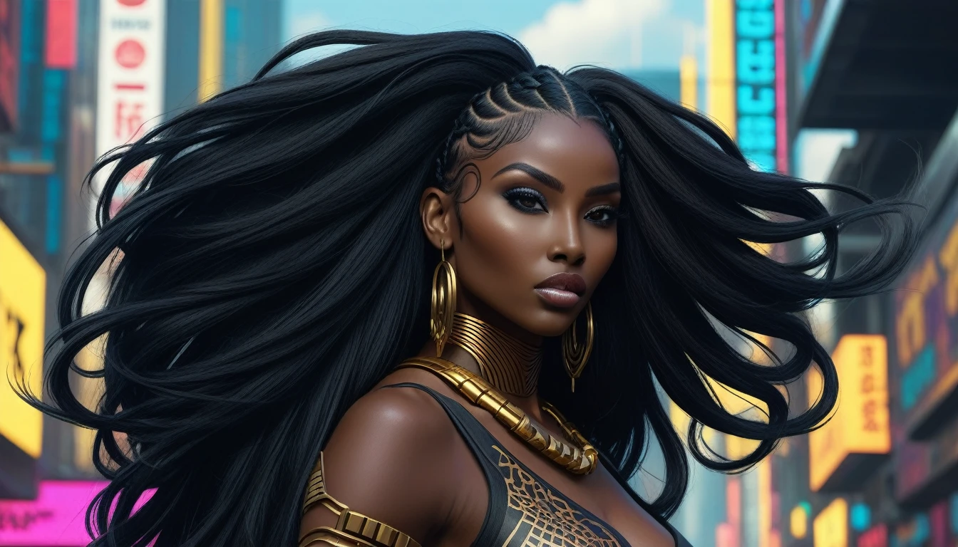 (((Full body: 1.5))), ((dark-skinned beautiful African woman: 1.7)) with very long black hair, strong body, thick athletic body, cyberpunk background, Realistic, top quality picture, 4K, ultra HD |, ((master part))), (((best quality))), ((ultra detail)),(Highly detailed CG illustration), Cinematic light, camera: Choose an angle that highlights the beauty of the character. resolution: Aim for a high-resolution artwork to showcase intricate details and clarity