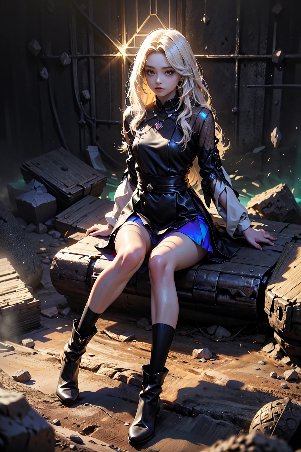 Girl with long white hair down to her waist, with small red details, red eyes, long black dress with a leg slit, with red details, long black boots up to below the knees, white skin, the ground around her is cracking and small stones are floating around her surrounded by a black aura, she is surrounded by shadows, and the background is dark like the night with the universe and stars, her presence causes fear, her shadow appears to be a monster, 8k, high quality, full body, (ultra-realistic), {extremely detailed 8k CG unit wallpaper}, expansive landscape photograph, (light: 2.0), (warm light source: 1.5), complex details, (iridescent colors: 1.5), (bright lighting), (atmospheric lighting), surreal, impressive, fantasy, (Solo: 1.2), White moon