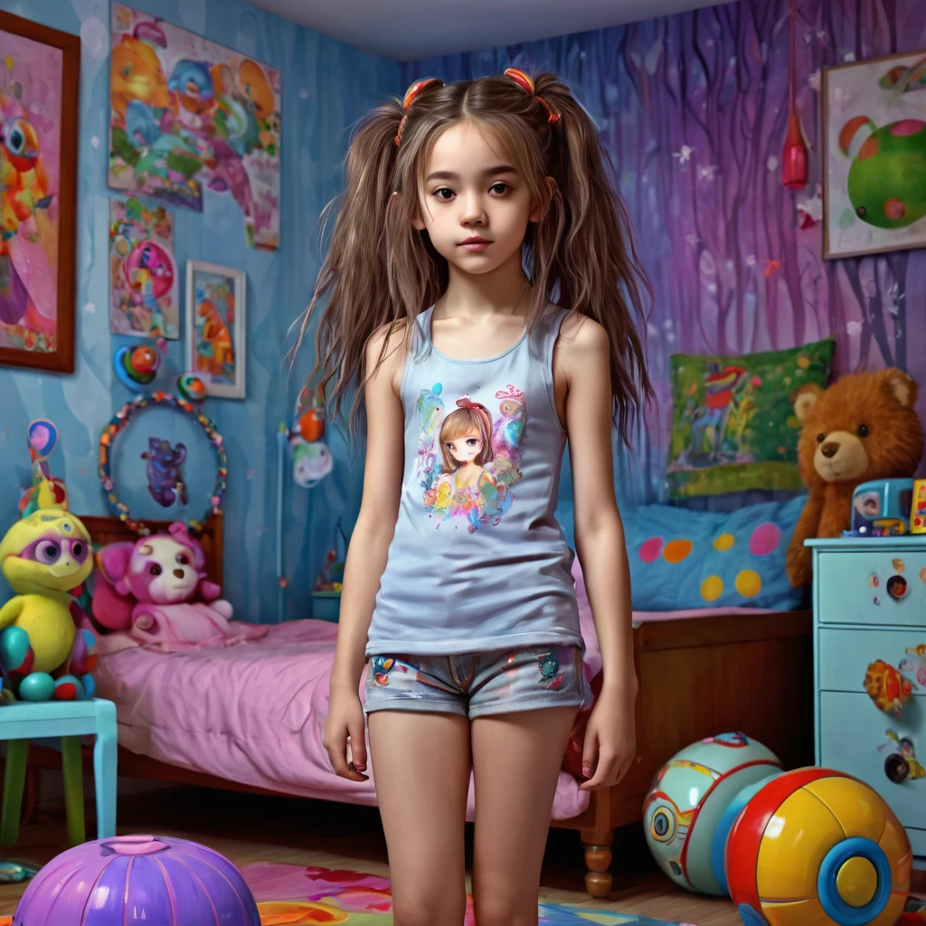 13 year old girl in her bedroom, with big toys ,skinny, slim, strange, Gentle, hair decoration , very detailed realistic texture, digital painting, very detailed photo, full body shot 