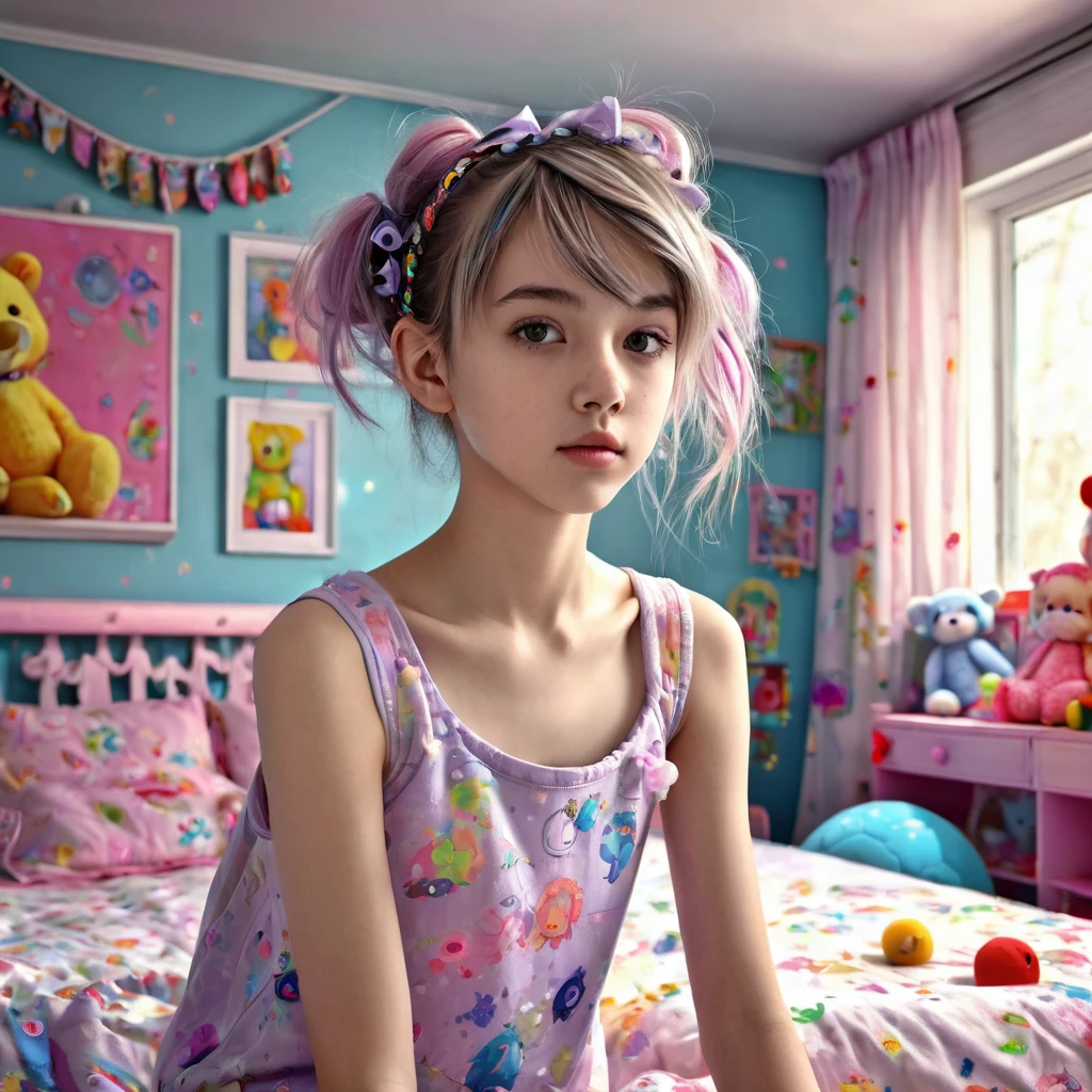 13 year old girl in her bedroom, with big toys ,skinny, slim, strange, Gentle, hair decoration , very detailed realistic texture, digital painting, very detailed photo, full body shot 