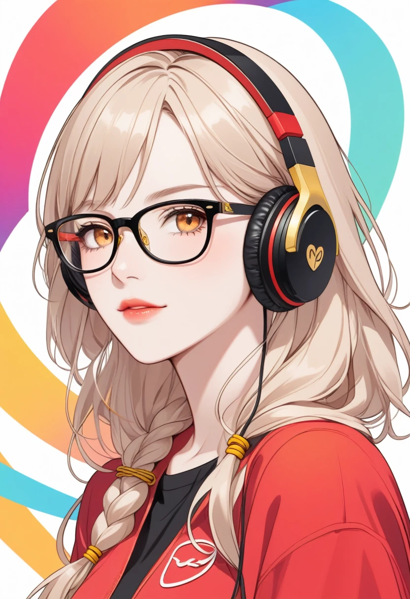 Young woman, Glasses, headphones, logo, avatar, Red with Black, Intertwined, Rope, Small Golden Patches, Clear drawing, bright colors, clear detail, Multicolor, Bright Juicy Colors