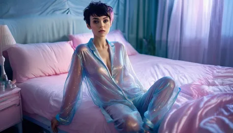 highest quality, masterpiece, high resolution, 8k, (realistic:1.4), whole body,  (large see-through pajamas.:1.1), spaceship, be...