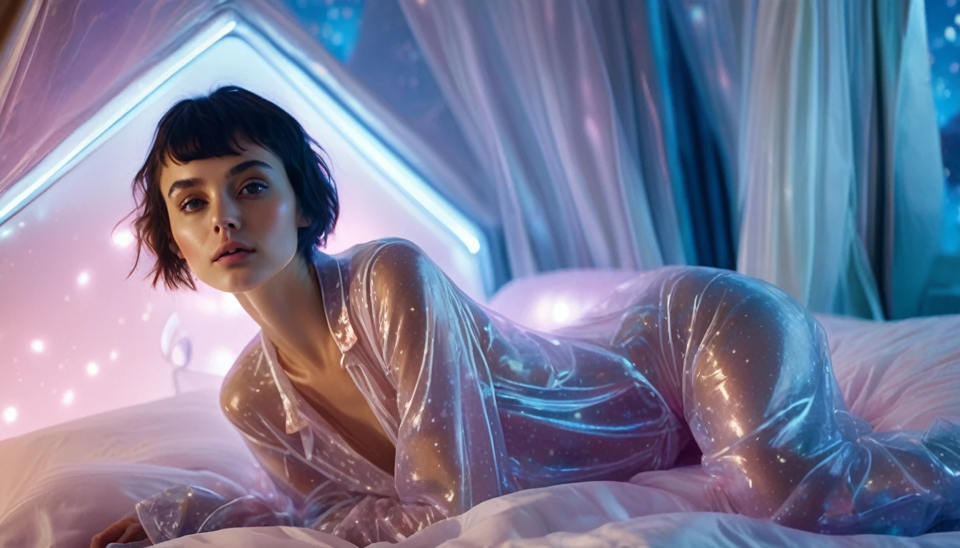 Highest quality, masterpiece, High resolution, 8k, (Realistic:1.4), whole body,  (Large see-through pajamas.:1.1), Spaceship, Bed with puffer bed linen, Dim Light, Beautiful woman, skinny, Small breasts, Asymmetrical Pixie Hair, Detailed face, Embarrassed look, To the camera, Photo taken from a distance, 20-year-old, pastel colour