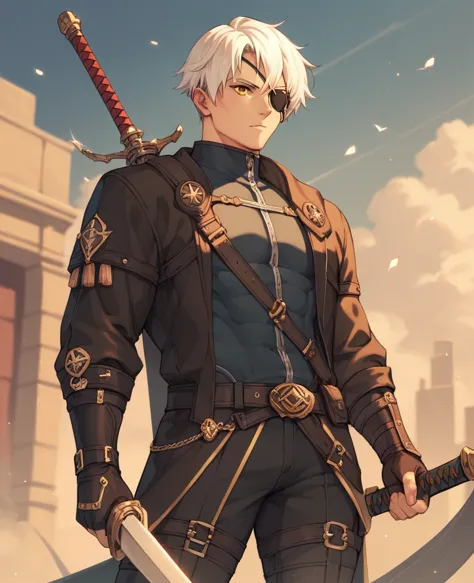 human male assassin , white hair ,yellow eye ,eye patch