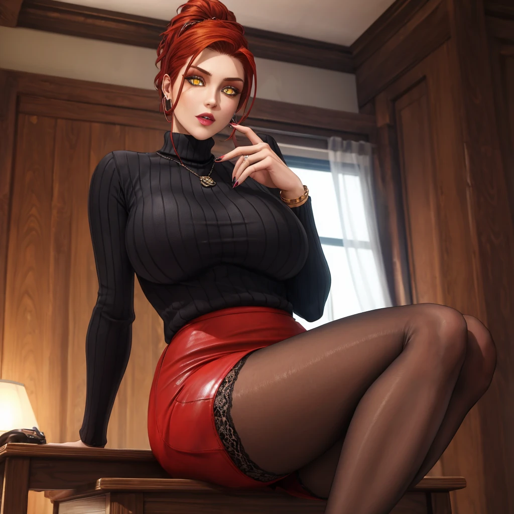 (best quality:1.4),  assumi,BREAK,(red hair:1.3),(slicked back hair:1.3),full lips, makeup, BREAK,( yellow eyes:1.4), choker, hoop rings, BREAK,(black turtleneck with long sleeve:1.3), big breasts,bracelets,(long fingernails:1.4), BREAK (leather red skirt:1.3), lace-pantyhose,high heels,sit behind desk,
 