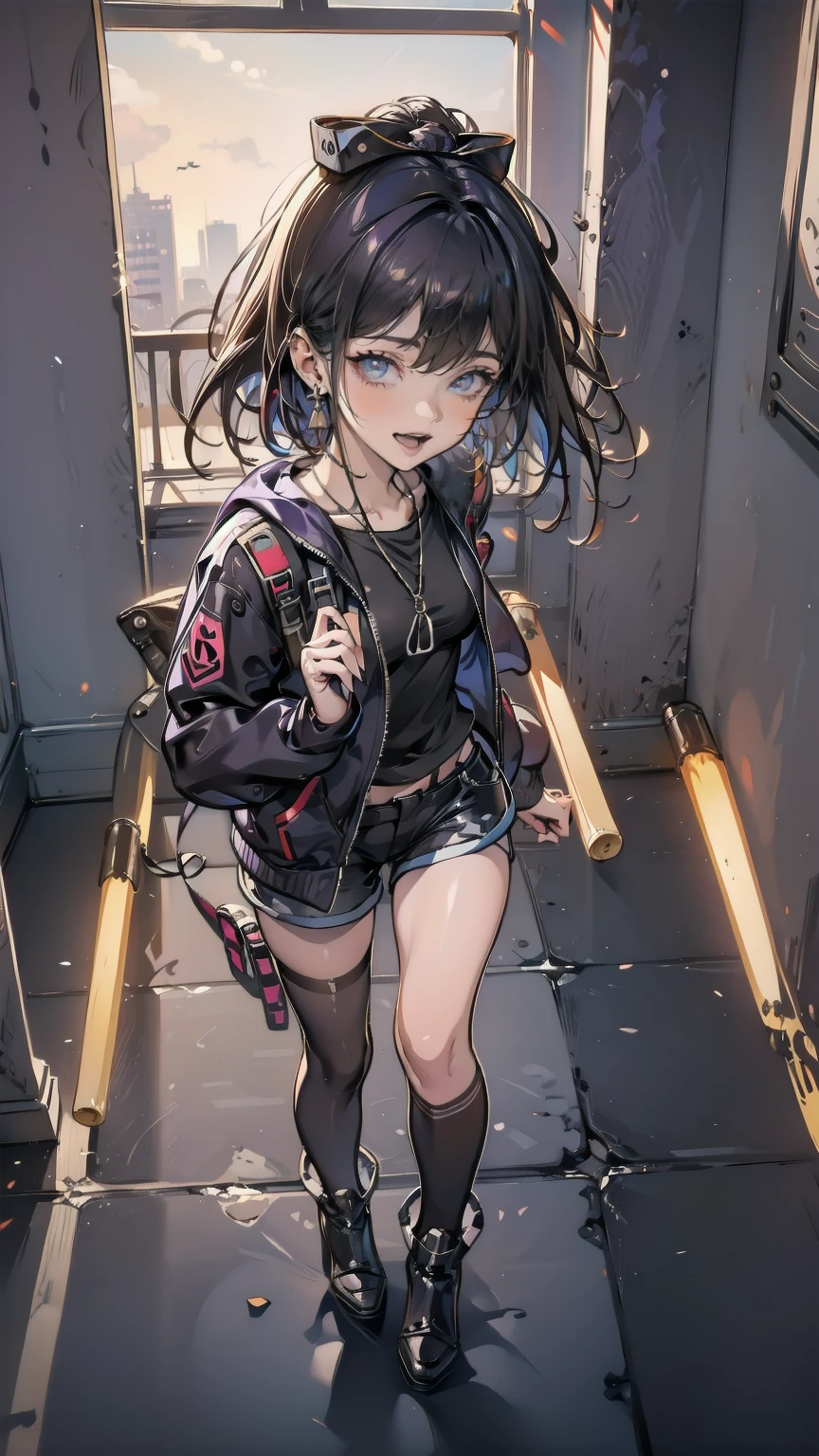 Anime Art、City roads、Full body portrait、Modern Street Killer、Moonlit Ruins、Tall Woman, Height: approx. 175cm, Around 20 years old, Wearing a black jacket and shorts, Holding a baseball bat and swinging it、Black socks、Short Medium Hairstyles、The eyes are covered by the bangs、Purple Hair、Wearing a red hat、Open-mouthed, intimidating smile、Purple eyes、gloves、stockings、boots、She has silver earrings in her ears
