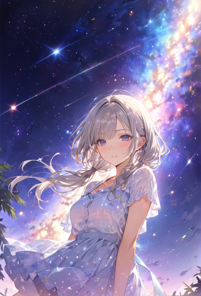 Highest quality　masterpiece　High resolution　masterpieceグレーアイズ　Low Twintails、casual summer outfit　、flowerpunk、universe、Sparkling light particles、Vivid gradient effect