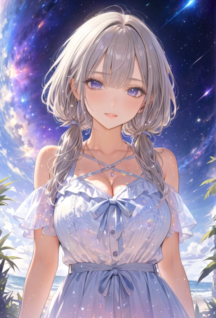 Highest quality　masterpiece　High resolution　masterpieceグレーアイズ　Low Twintails、casual summer outfit　、flowerpunk、universe、Sparkling light particles、Vivid gradient effect