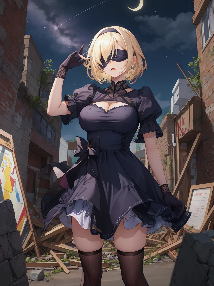 Portrait, official art, best masterpiece, best quality, best resolution, 8K, best detailed, perfect anatomy
BREAK
Open Stance, standing, attractive pose
BREAK
Serious face
BREAK
aizawa ema, short hair, (gradient hair:1.2), blond hair, (large breasts:1.2), solo, 1woman, (black Blindfold, black dress:1.2), Black hair band
BREAK
(Apocalypse, Collapsed ruins, torn stone pillars), (night, midnight, darkness:1.4), dust, dust, light particles, facing to viewer, very fine and detailed 16KCG wallpapersrs