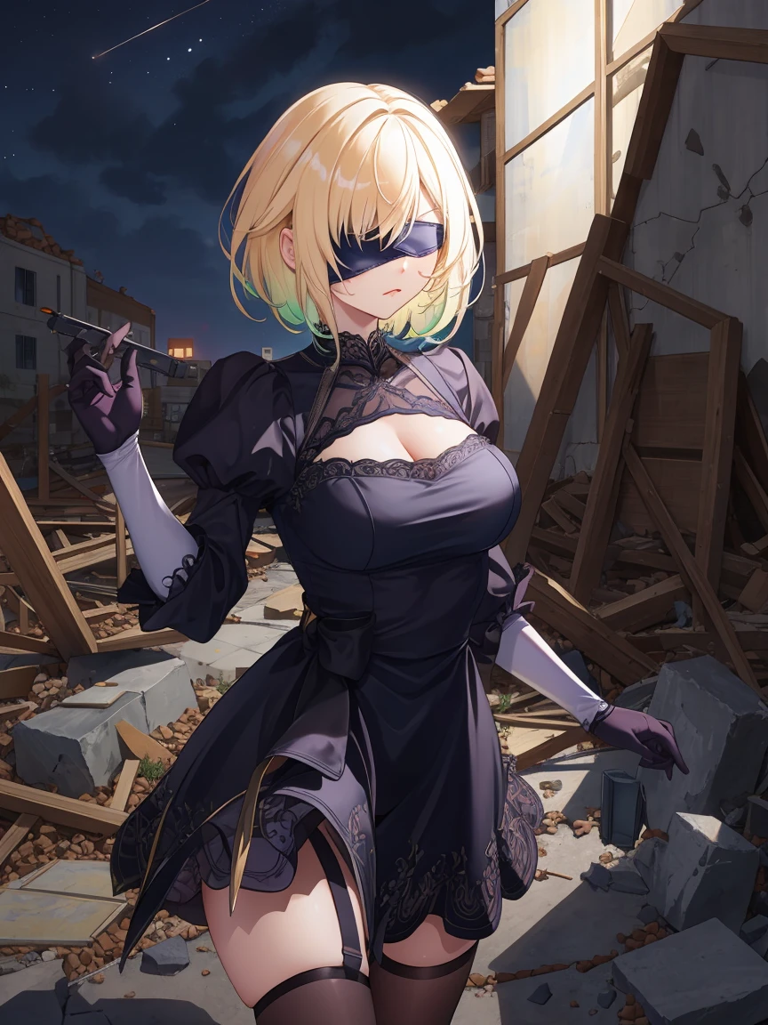 Portrait, official art, best masterpiece, best quality, best resolution, 8K, best detailed, perfect anatomy
BREAK
Open Stance, standing, attractive pose
BREAK
Serious face
BREAK
aizawa ema, short hair, (gradient hair:1.2), blond hair, (large breasts:1.2), solo, 1woman, (black Blindfold, black dress:1.2), Black hair band
BREAK
(Apocalypse, Collapsed ruins, torn stone pillars), (night, midnight, darkness:1.4), dust, dust, light particles, facing to viewer, very fine and detailed 16KCG wallpapersrs