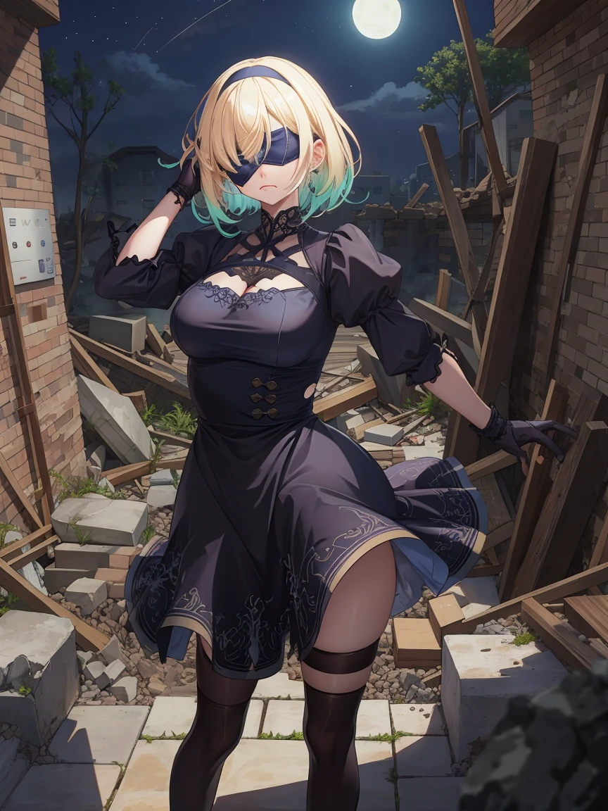 Portrait, official art, best masterpiece, best quality, best resolution, 8K, best detailed, perfect anatomy
BREAK
Open Stance, standing, attractive pose
BREAK
Serious face
BREAK
aizawa ema, short hair, (gradient hair:1.2), blond hair, (large breasts:1.2), solo, 1woman, (black Blindfold, black dress:1.2), Black hair band
BREAK
(Apocalypse, Collapsed ruins, torn stone pillars), (night, midnight, darkness:1.4), dust, dust, light particles, facing to viewer, very fine and detailed 16KCG wallpapersrs