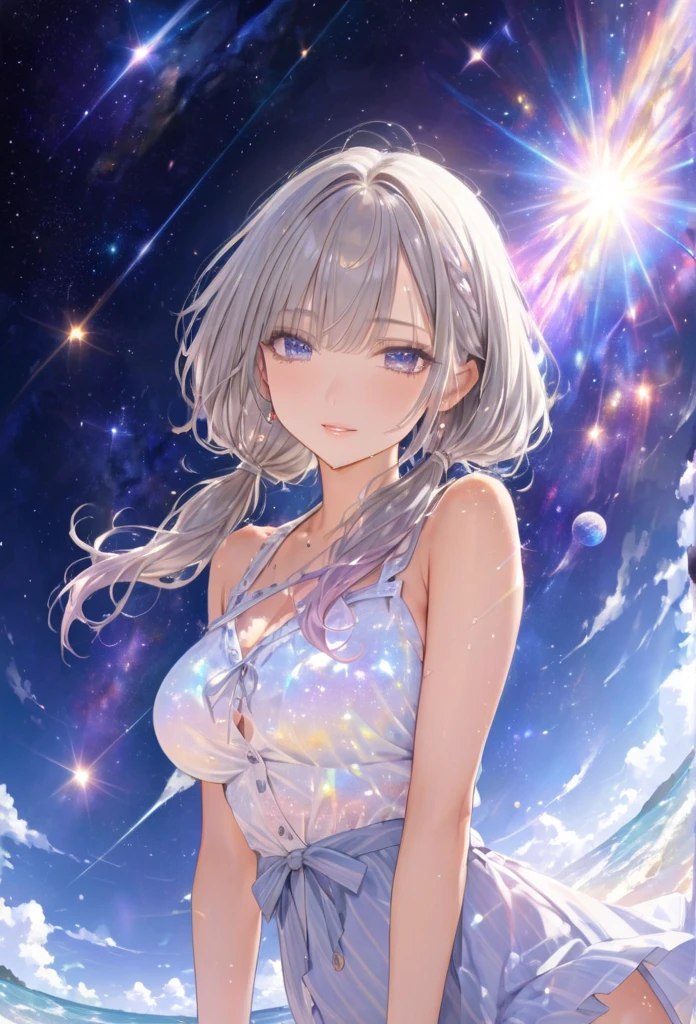 Highest quality　masterpiece　High resolution　masterpieceグレーアイズ　Low Twintails、casual summer outfit　、flowerpunk、universe、Sparkling light particles、Vivid gradient effect