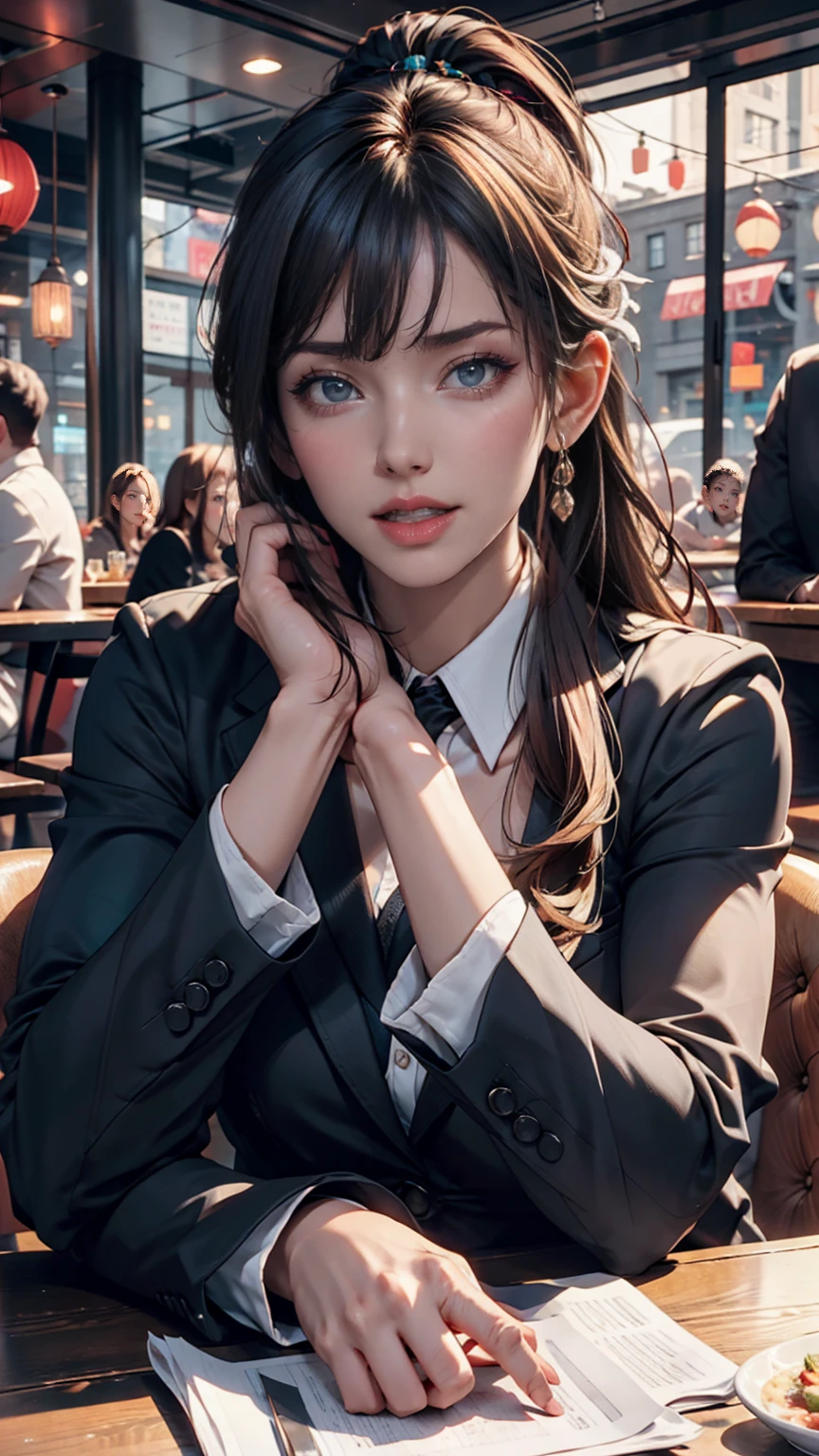 Girl with short ponytail wearing formal suit lying on restaurant table,  Clear Eyes, Perfect body,  (Looking down at the viewer:0.8), (Pure Eros Face_v1:0.2), Removable sleeves, Open your mouth, bangs, One person, Glowing Skin, (masterpiece;1.0), (Realistic:1.4), (Sharp focus:1.2), 