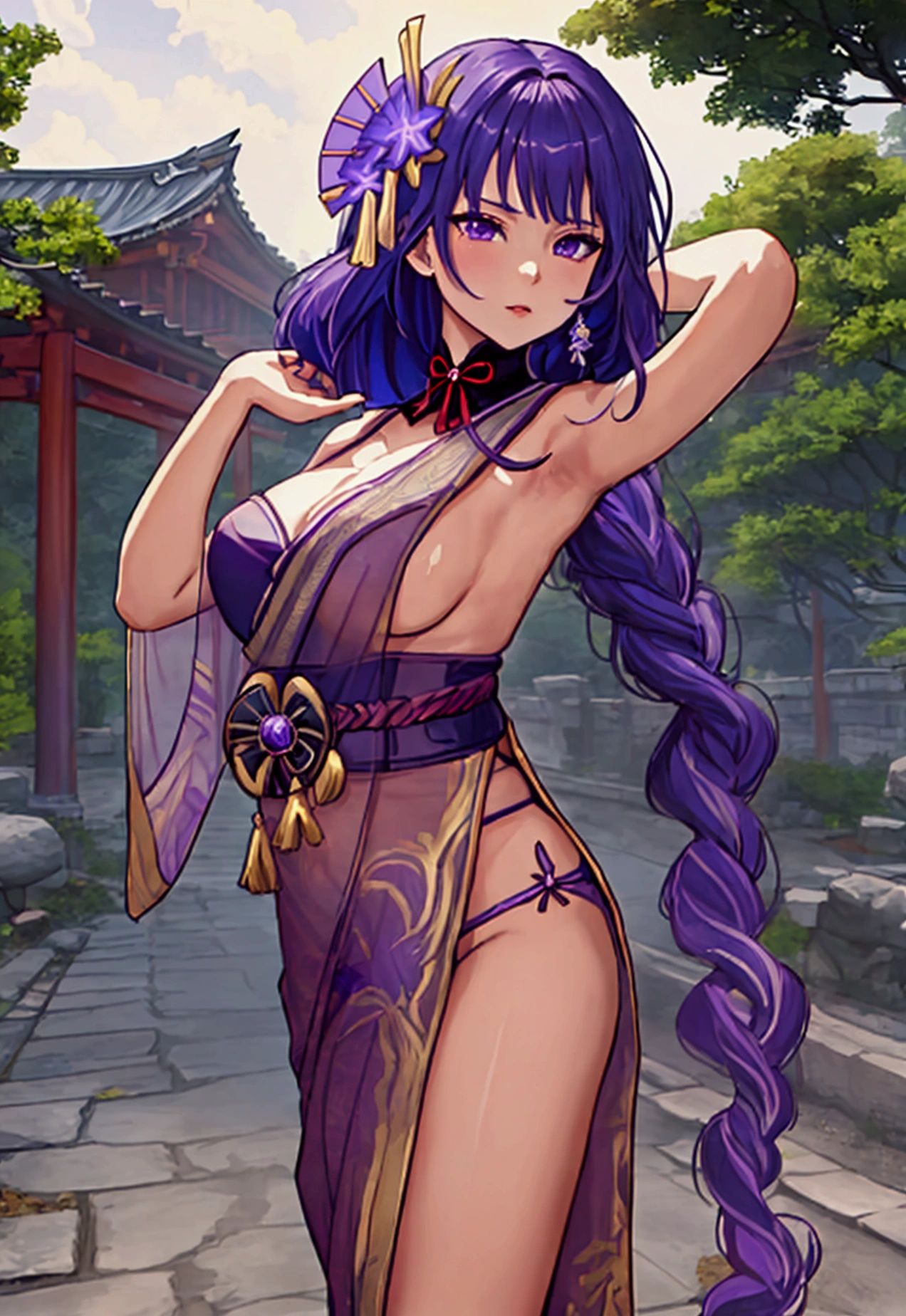 High quality, masterpiece,raiden shogun,saree,purple saree,transparent saree,sleeveless blouse,hands up armpits showing, small boobs,yae miko touching her boobs from behind,4k,realistic anime,public road,multiple naked girls in public