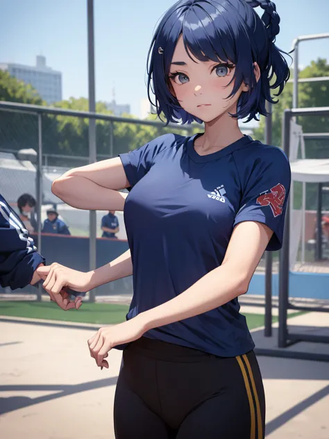 (xiangling), 1woman, as an athlete, wearing a sports t-shirt and pants, at a playground, (dark blue colour hair), 8k, high detai...