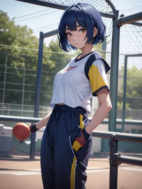 (xiangling), 1woman, as an athlete, wearing a sports t-shirt and pants, at a playground, (dark blue colour hair), 8k, high detai...