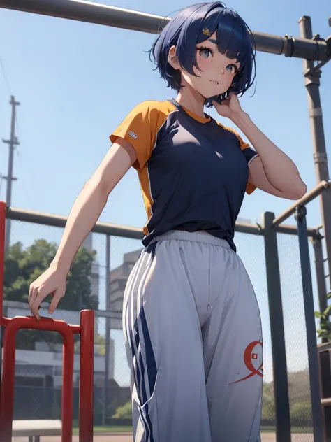 (xiangling), 1woman, as an athlete, wearing a sports t-shirt and pants, at a playground, (dark blue colour hair), 8k, high detai...