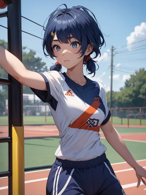 (xiangling), 1woman, as an athlete, wearing a sports t-shirt and pants, at a playground, (dark blue colour hair), 8k, high detai...