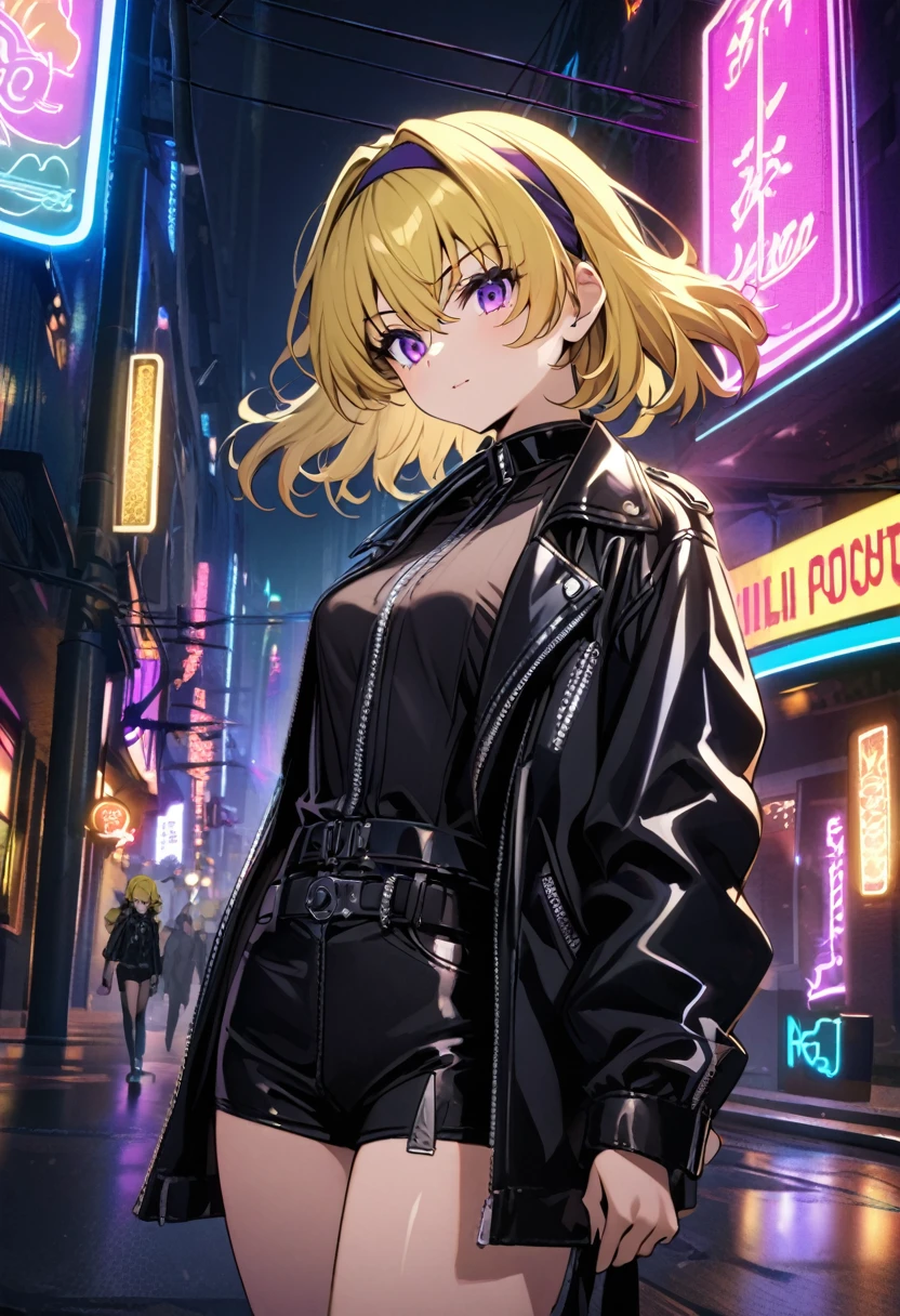 (Houjou_Satoko), Black Leather Jacket, All, City of night, Neon Light, cool, stylish, Cowboy Shot, 1 female, (Yellow Hair), blonde, Purple eyes, short hair, hair band, Small breasts,