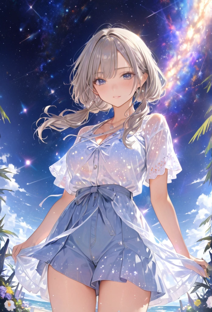 Highest quality　masterpiece　High resolution　masterpieceグレーアイズ　Low Twintails、casual summer outfit　、flowerpunk、universe、Sparkling light particles、Vivid gradient effect