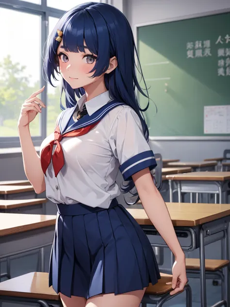 (xiangling), 1girl, as a highschool girl, wearing a school uniform with white shirt and blue skirt, at a classroom , (dark blue ...