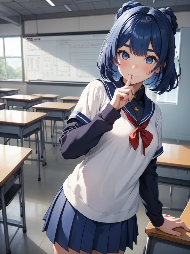 (Xiangling), 1girl, as a highschool girl, wearing a school uniform with white shirt and blue skirt, at a classroom , (dark blue colour hair), 8k, high detailed, high quality