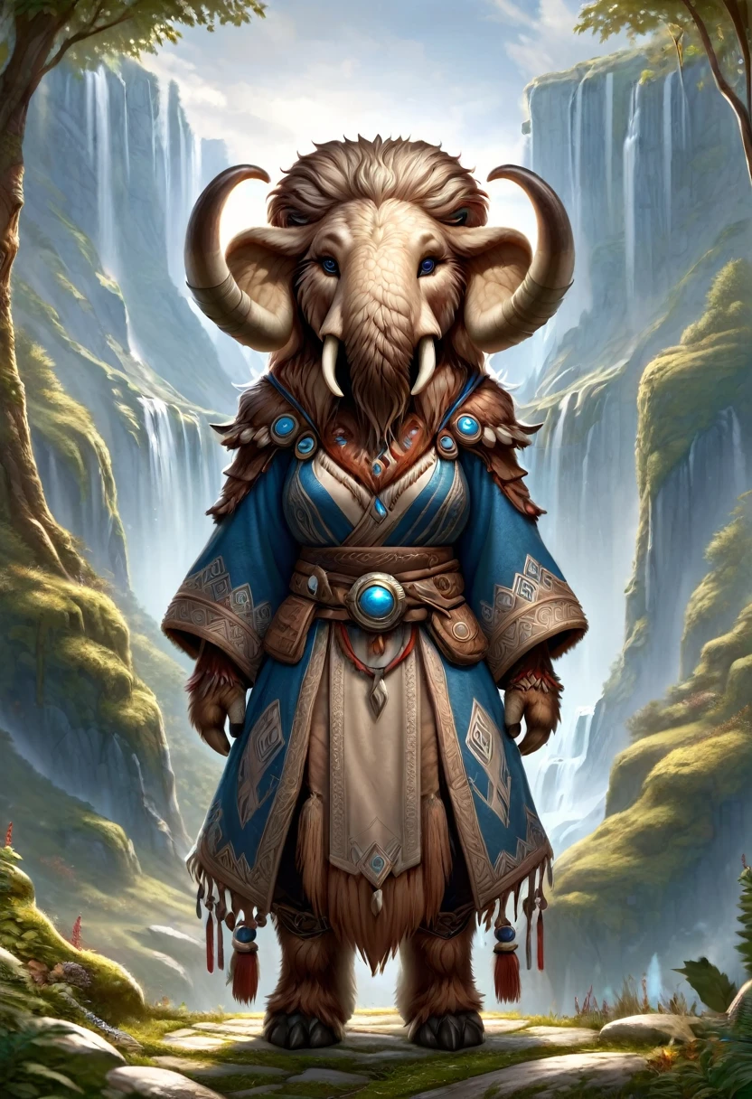 Anthropomorphic female wolly mammoth mage. Official Art – Charecter profile. An Award-Winning Digital Masterpiece In 4K Ultra HD, Extreme Detail And Intricate Realism. Symmetrical Face. This Concept Art Brought To Life By The Hands Of Artists Like Wlop & Artgerm In A Stunning 2D Vector Illustration.Background Is A Panoramic Vista.
