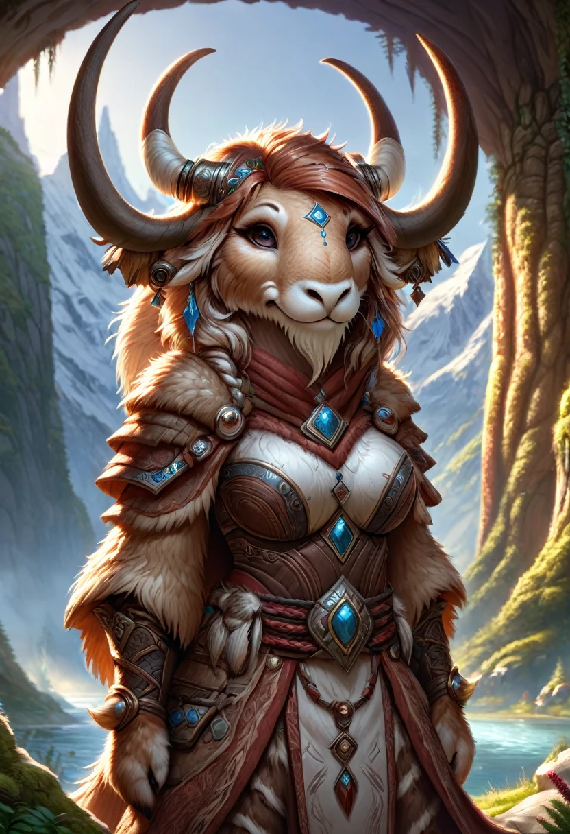 Anthropomorphic female wolly mammoth mage. Official Art – Charecter profile. An Award-Winning Digital Masterpiece In 4K Ultra HD, Extreme Detail And Intricate Realism. Symmetrical Face. This Concept Art Brought To Life By The Hands Of Artists Like Wlop & Artgerm In A Stunning 2D Vector Illustration.Background Is A Panoramic Vista.
