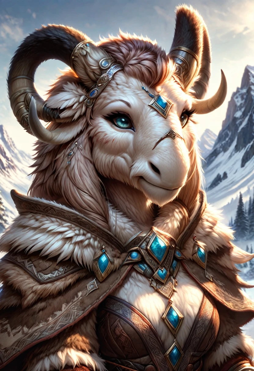 Anthropomorphic female wolly mammoth mage. Official Art – Charecter profile. An Award-Winning Digital Masterpiece In 4K Ultra HD, Extreme Detail And Intricate Realism. Symmetrical Face. This Concept Art Brought To Life By The Hands Of Artists Like Wlop & Artgerm In A Stunning 2D Vector Illustration.Background Is A Panoramic Vista.
