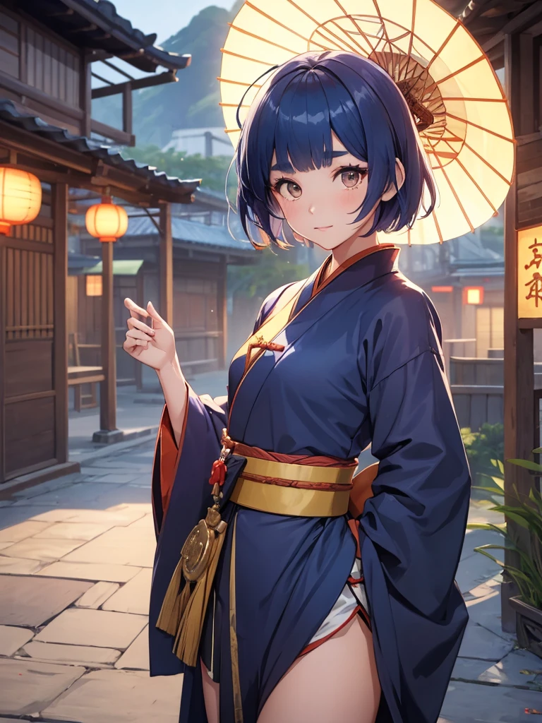 (Xiangling), 1girl, wearing a long Japanese kimono, at a village, (dark blue colour short hair),(Xiangling's hair style) 8k, high detailed, high quality