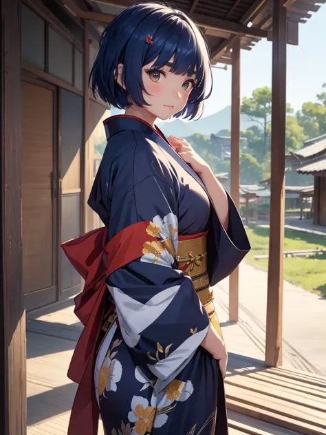 (xiangling), 1girl, wearing a long japanese kimono, at a village, (dark blue colour short hair),(xiangling's hair style) 8k, hig...