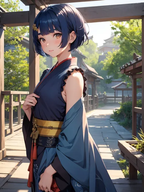 (xiangling), 1girl, wearing a long japanese kimono, at a village, (dark blue colour short hair),(xiangling's hair style) 8k, hig...