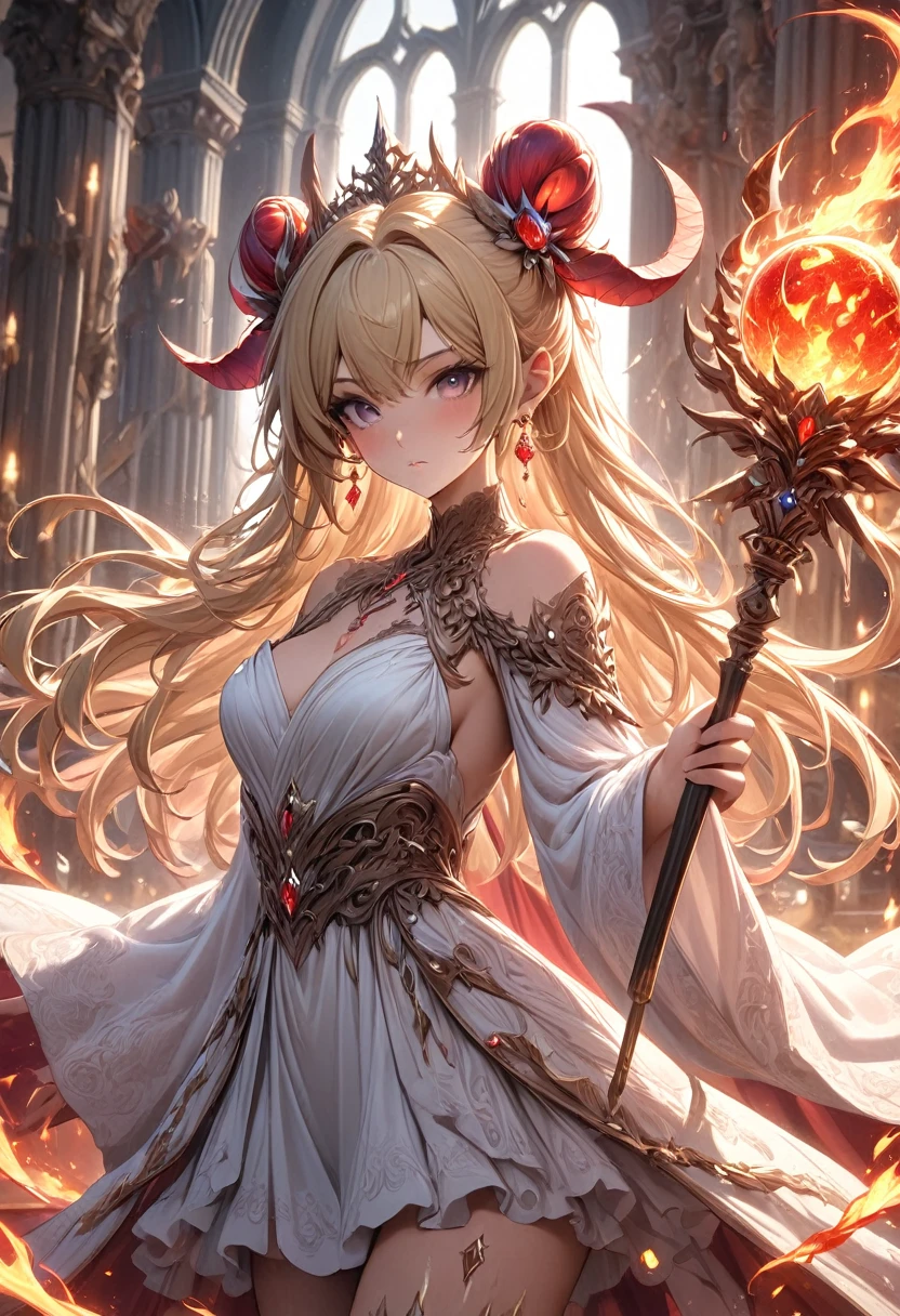 ((masterpiece)), (Textured Skin), ((High Detail)), best quality, The award-winning, 8K, Beautiful woman, Silk dress, noble, Princess, Queen, Blonde, Half bun, Hair flap, （Fire surrounds）, Crystal Earrings, S((best quality)), 1 Girl, Succubus，Holding a magic wand，Thunder and Lightning，（electrical arcs），electrical arcs，（lightning），（flame），（Fireball）