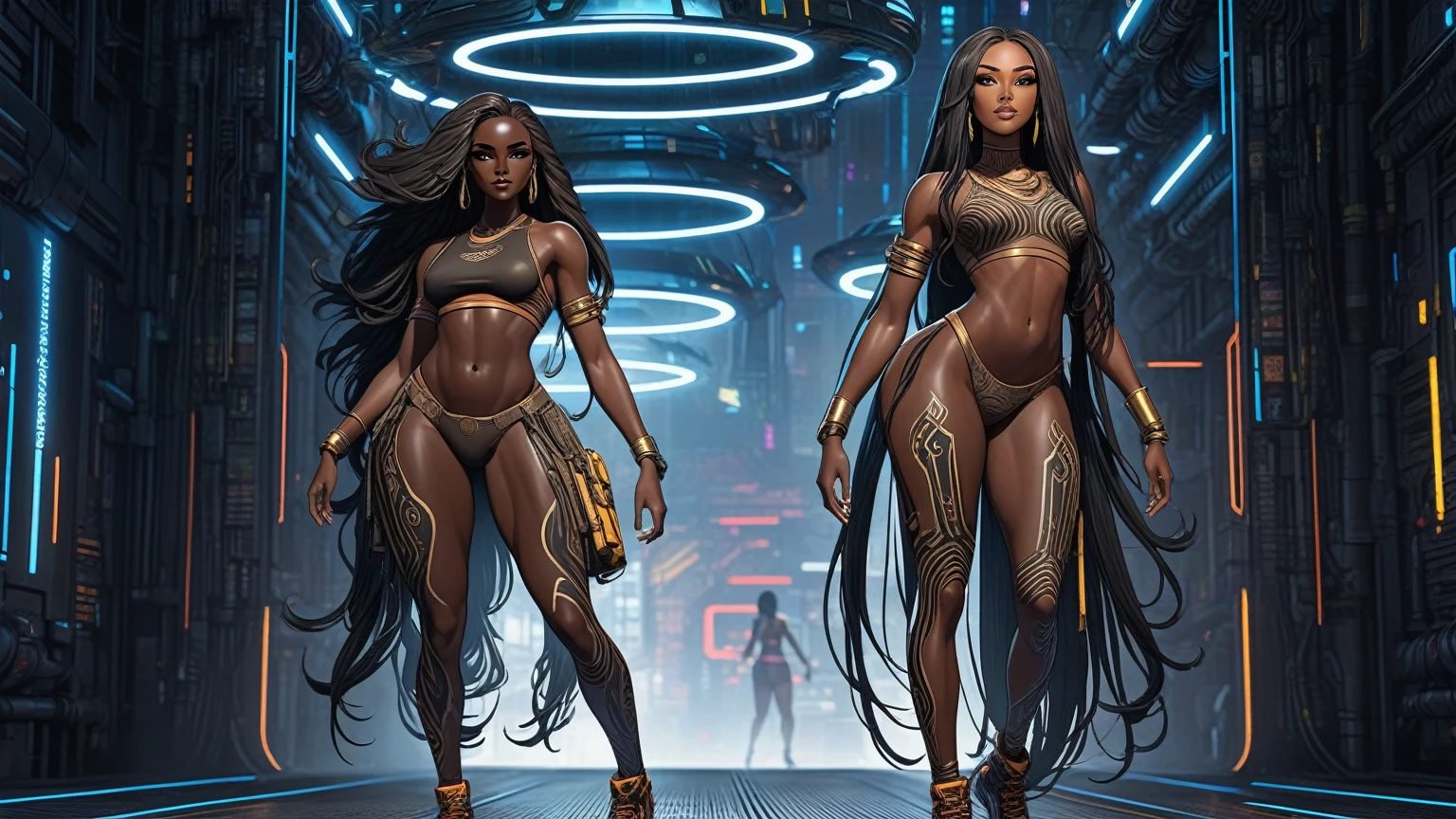 (((Full body: 1.5))), ((dark-skinned beautiful African woman: 1.7)) with very long black hair, strong body, thick athletic body, cyberpunk background, Realistic, top quality picture, 4K, ultra HD |, ((master part))), (((best quality))), ((ultra detail)),(Highly detailed CG illustration), Cinematic light, camera: Choose an angle that highlights the beauty of the character. resolution: Aim for a high-resolution artwork to showcase intricate details and clarity