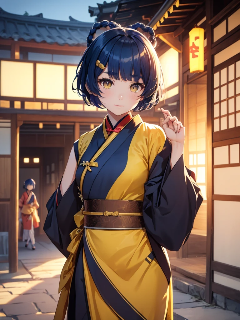 (Xiangling), 1girl, wearing a dark yellow colour long Japanese kimono, at a village, (dark blue colour short hair),(Xiangling's hair style) 8k, high detailed, high quality