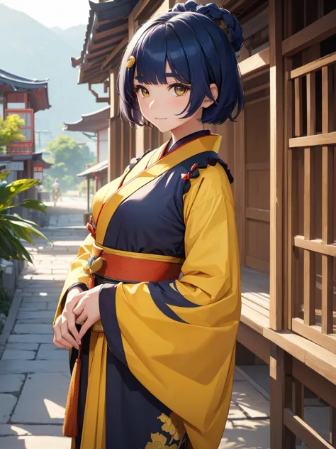 (xiangling), 1girl, wearing a dark yellow colour long japanese kimono, at a village, (dark blue colour short hair),(xiangling's ...