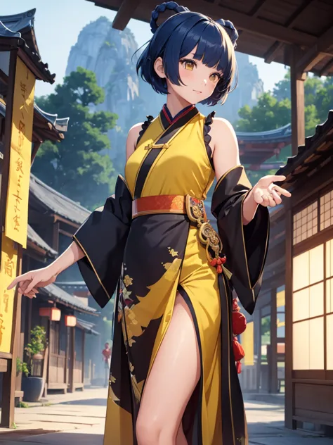 (xiangling), 1girl, wearing a dark yellow colour long japanese kimono, at a village, (dark blue colour short hair),(xiangling's ...