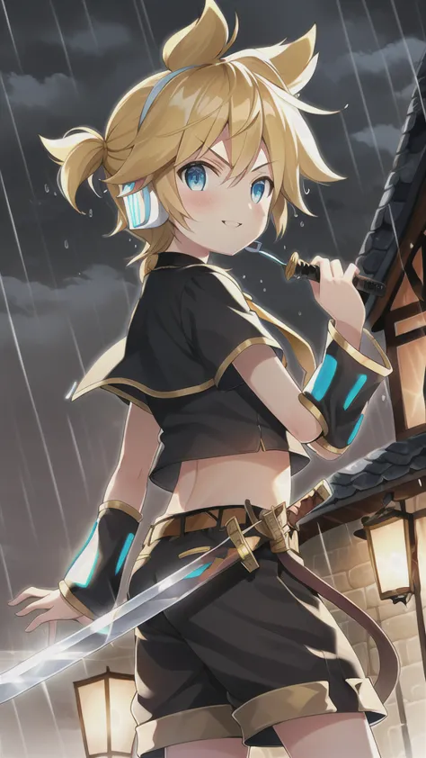 10 year old boy, kagamine len, cute, side view, over small crop top, shorts, necktie, earphone, parted lips, light blush, holdin...