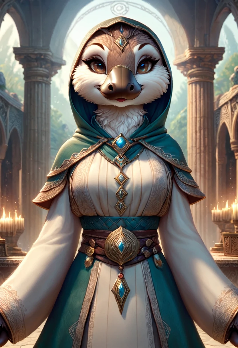 Ornithorynque femelle anthropomorphe mage. Art officiel – Profil du personnage. Un chef-d'œuvre numérique primé en 4K Ultra HD, Détails extrêmes et réalisme complexe. visage symétrique. Cet art conceptuel prend vie grâce aux mains d&#39;artistes comme Wlop & Artgerm dans une superbe illustration vectorielle 2D.L&#39;arrière-plan est une vue panoramique.
