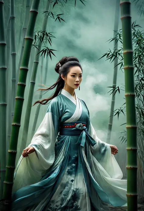 a woman in hanfu stands among the bamboo groves, an epic fantasy scene with dark clouds in the sky and smoke effects, in the sty...