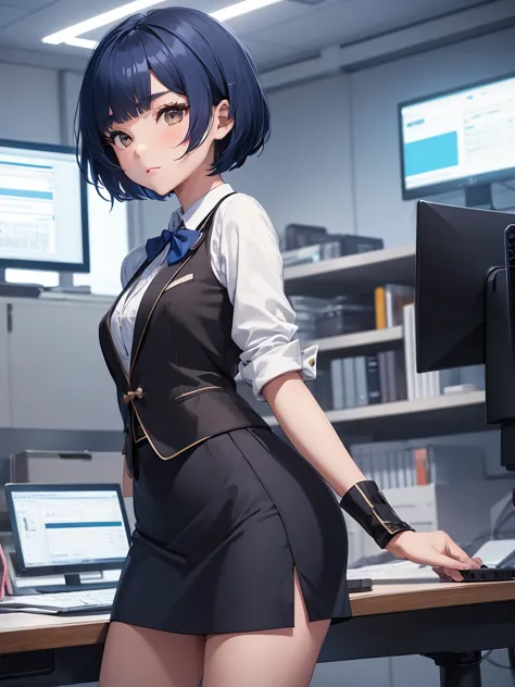 (xiangling), 1girl, wearing a office suit, black tight skirt, at an office , (dark blue colour short hair),(xiangling's hair sty...